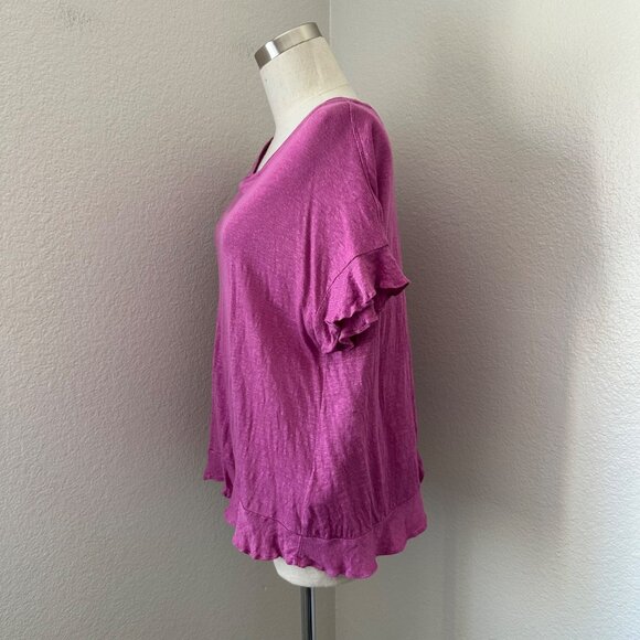 Eri + Ali Linen Blouse Ruffles Sleeves Scoop Neck Cross Back Lightweight Fuchsia - Picture 4 of 11